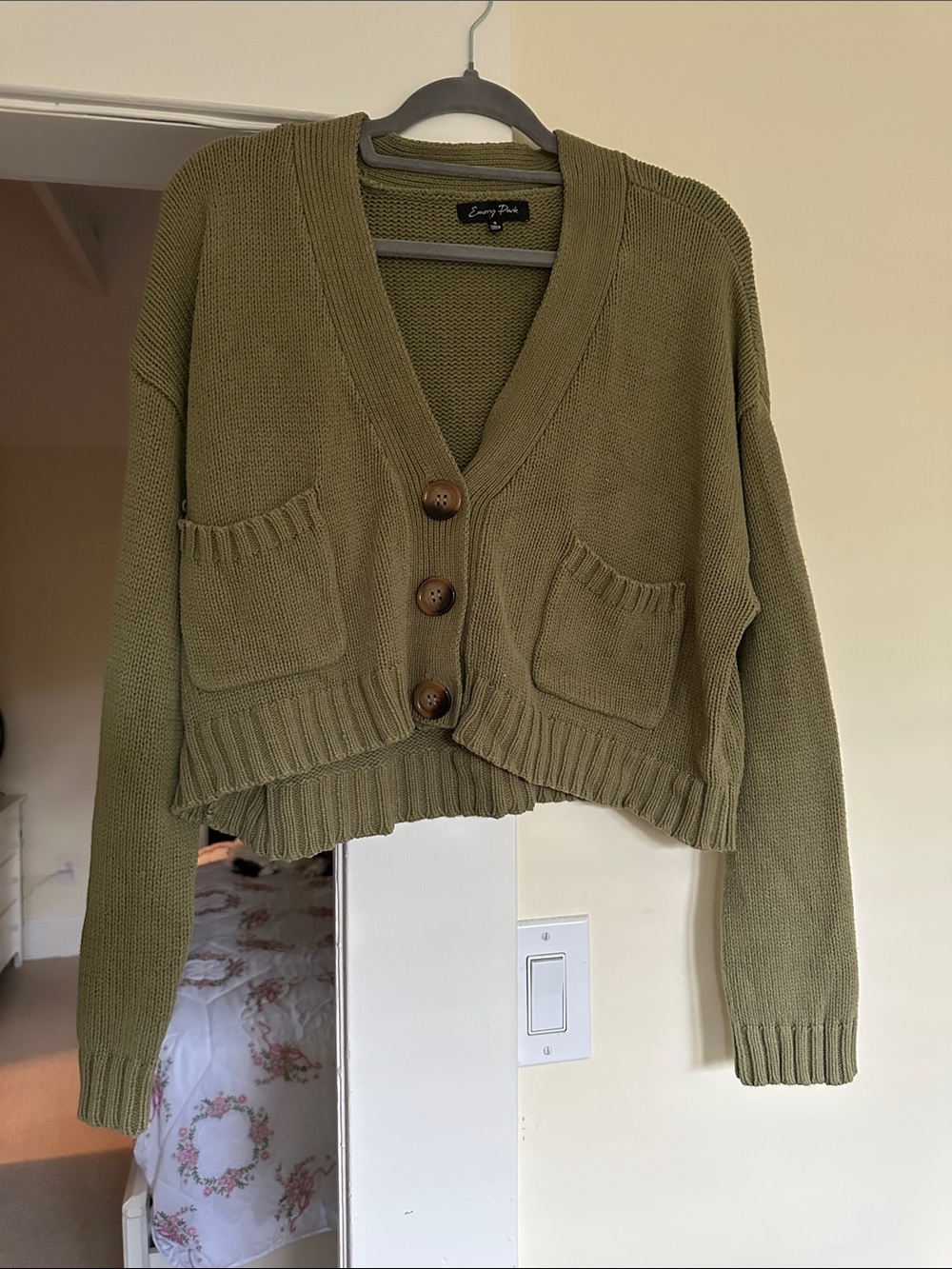 Olive Green Cropped Button-Front Oversized Sweater Cardigan